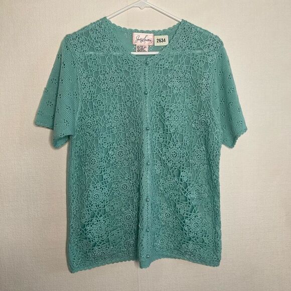 Vintage Jaclyn‎ Smith Cardigan Seed Pearls Crochet Lace Front Blue - Size Large - Picture 2 of 8